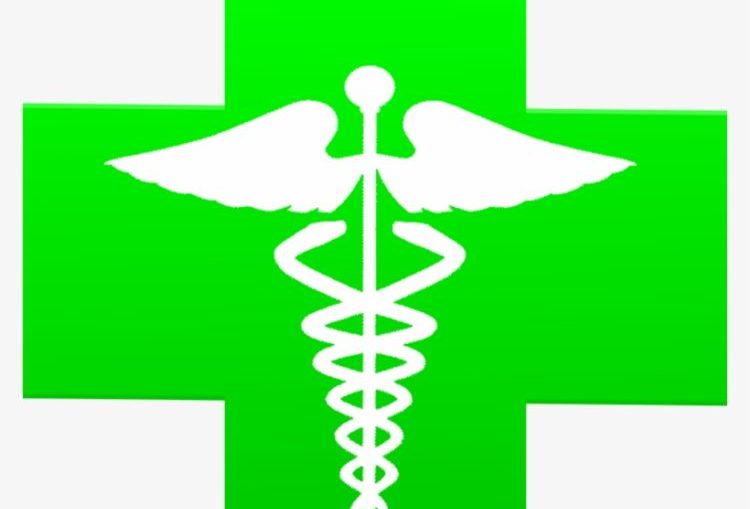 A green cross with a doctor's staff with snakes