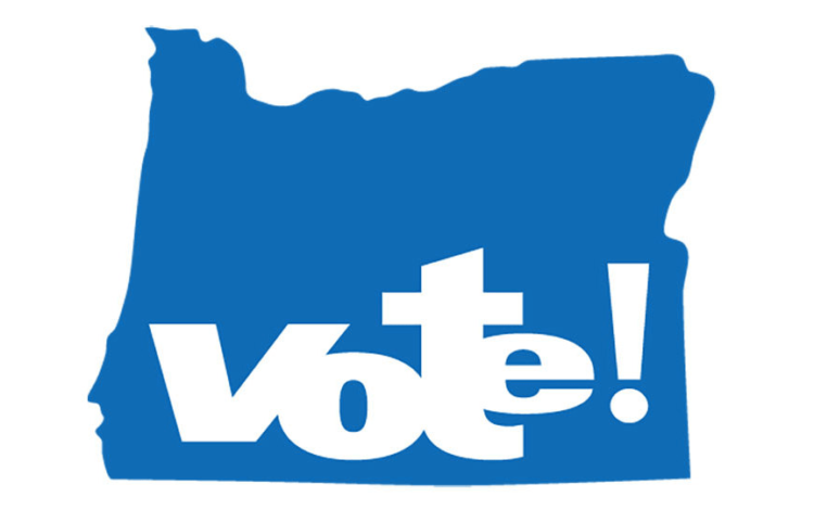 The word vote with an exclamation point is imposed over an outline of the state of Oregon