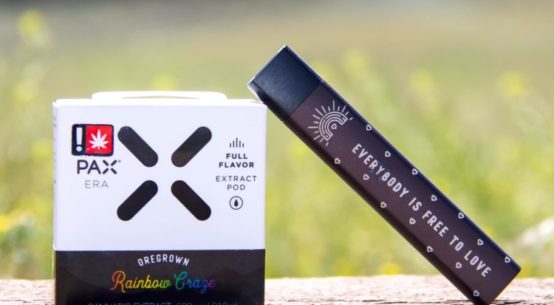 A PAX Era Vape pen rests against a box with a PAX Pod designed for Pride Month. The Pax Era is engraved with the words Everybody is free to love