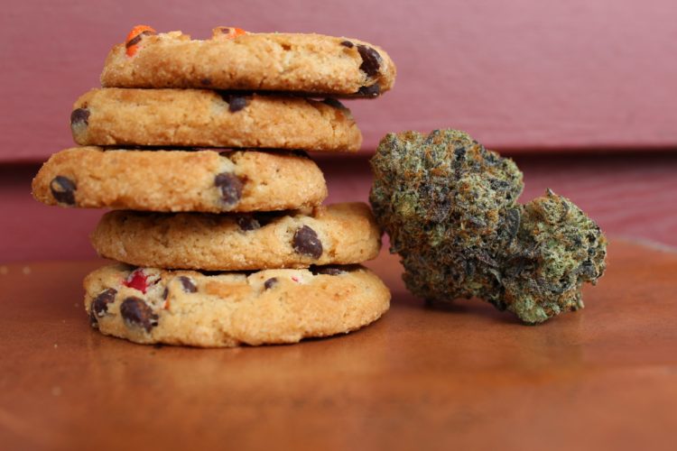 A stack of 5 chocolate chip cookies sits next to a single bud of cannabis