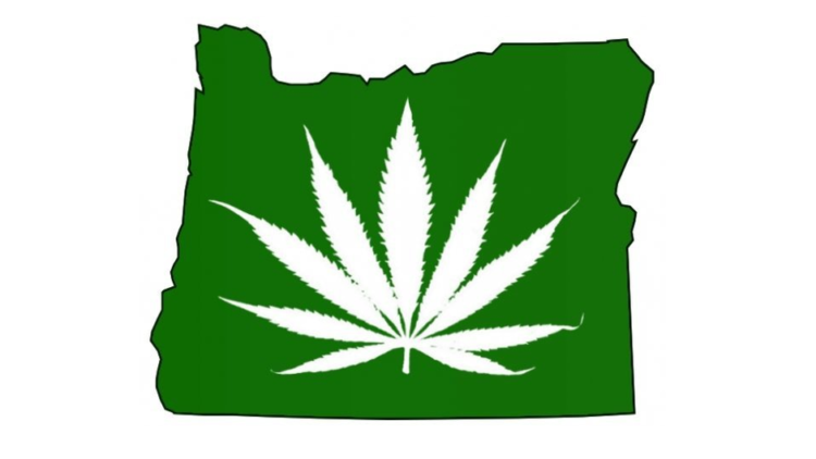 An image of a cannabis leaf superimposed over an outline of the State of Oregon